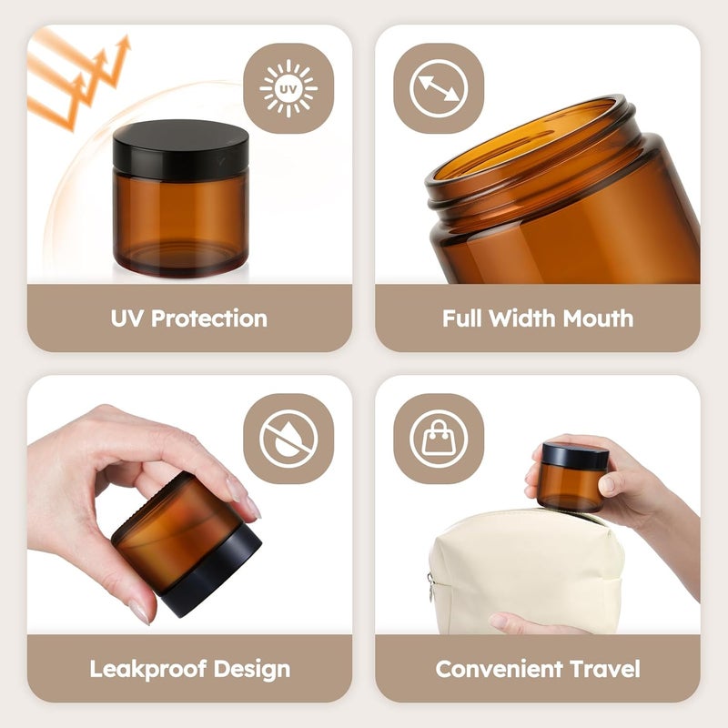 Tecohouse 2 oz Glass Jars with Lids, 6 Pack Amber Glass Jars with Black Lids Leakproof Round Airtight Empty Cosmetic Travel Containers with Inner Liners For Lotions Powders and Candle Making - Image 4